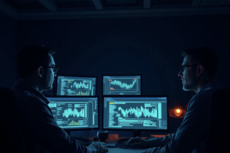 Engineers reviewing data dashboards and code on multiple monitors.